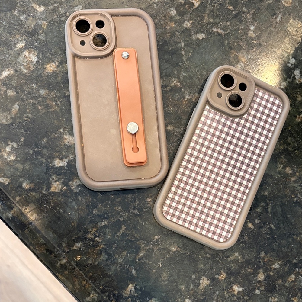 Neutral Taupe iPhone 15 Case with Tan Strap and Gingham Back